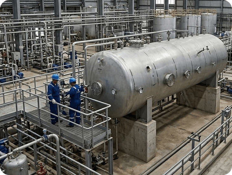 Instalación industrial con tanques y personal técnico